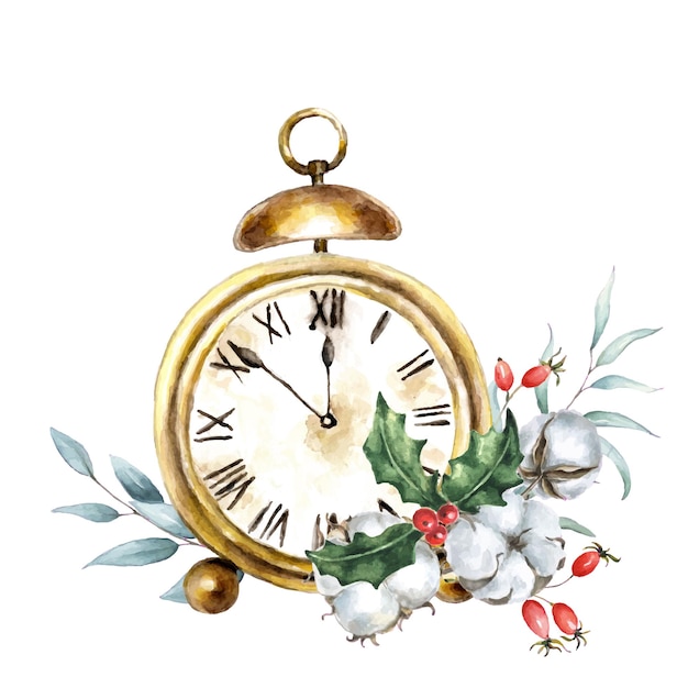 Vector reloj de mesa vintage navideño con hojas de acebo y ramas de algodón.