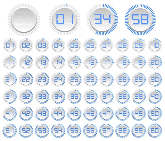 Reloj minimalista. Las caras de los relojes modernos están aisladas sobre fondo blanco. Cuenta regresiva para 60 segundos y minutos. Conjunto de iconos vectoriales aislados. Ilustración vectorial