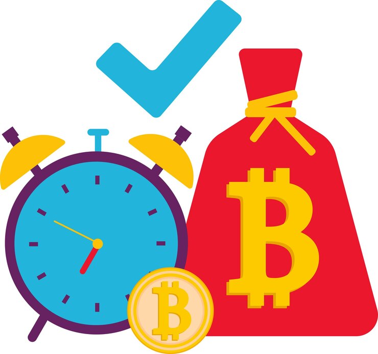 Vector un reloj y una moneda de oro bitcoin. un vector asociado con la criptomoneda. ilustración de vector plano sobre un fondo blanco.