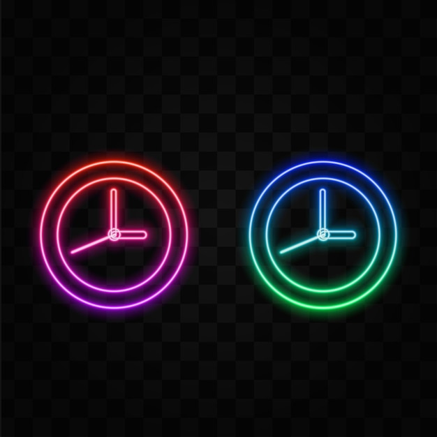 Reloj de neón con icono de luces de colores sobre un fondo negro