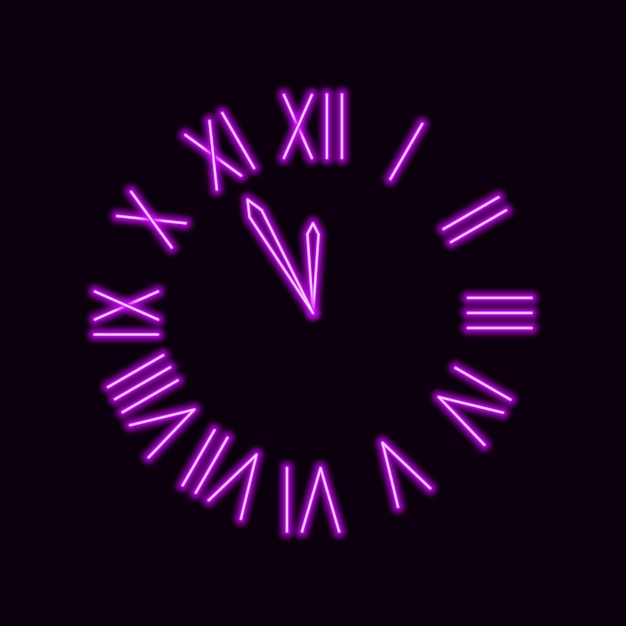 Reloj de neón con números romanos. Esfera violeta luminosa de estilo antiguo con iluminación láser. Cronómetro colorido en diseño de vector de onda de sintetizador retro nocturno.