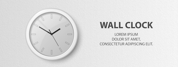 Reloj de oficina de pared blanca realista vectorial 3d en banner de plantilla de diseño de fondo de pared blanca texturizada con reloj de oficina con esfera blanca en maqueta interior para marca