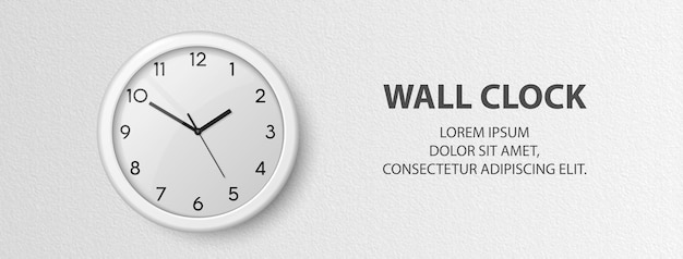 Vector reloj de oficina de pared blanca realista vectorial 3d sobre plantilla de diseño de fondo de pared blanca texturizada reloj de oficina con esfera blanca en maqueta interior para marca