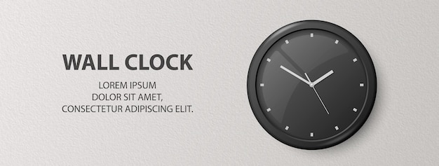 Reloj de oficina de pared negra realista vectorial 3d en banner de plantilla de diseño de fondo de pared blanca texturizada con reloj de oficina con esfera negra en maqueta interior para marca