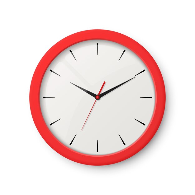Vector reloj de oficina de pared roja realista 3d vectorial aislado en blanco plantilla de diseño de esfera blanca de reloj de pared mockup de primer plano para publicidad de marca vista frontal superior