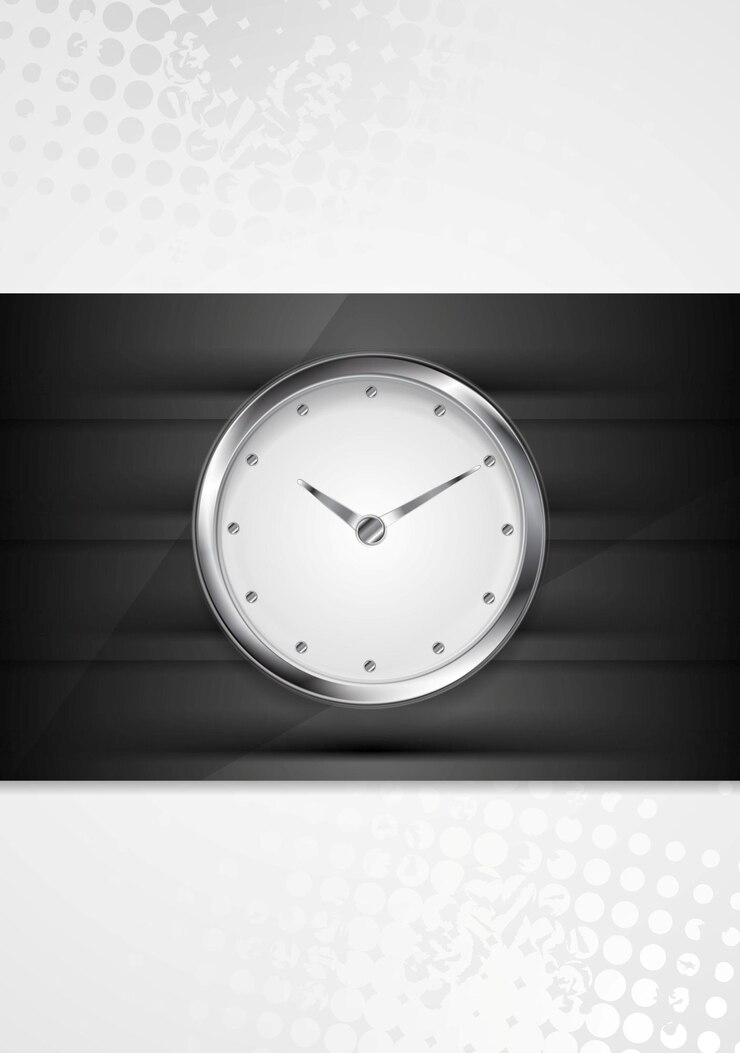 Vector reloj de pared plateado sobre rayas negras. vector de fondo abstracto