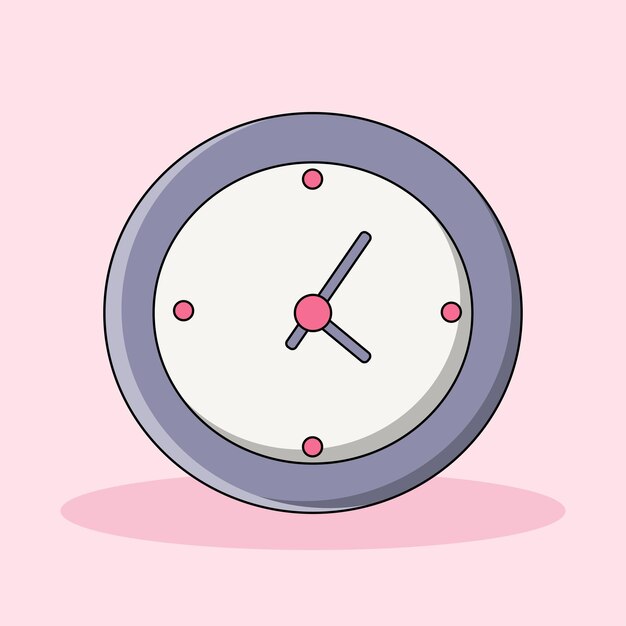 Vector un reloj de pared púrpura aislado en un fondo rosa suave