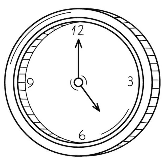 Vector reloj de pared redondo analógico mecánico con manecillas. icono lineal. vector blanco negro dibujado a mano