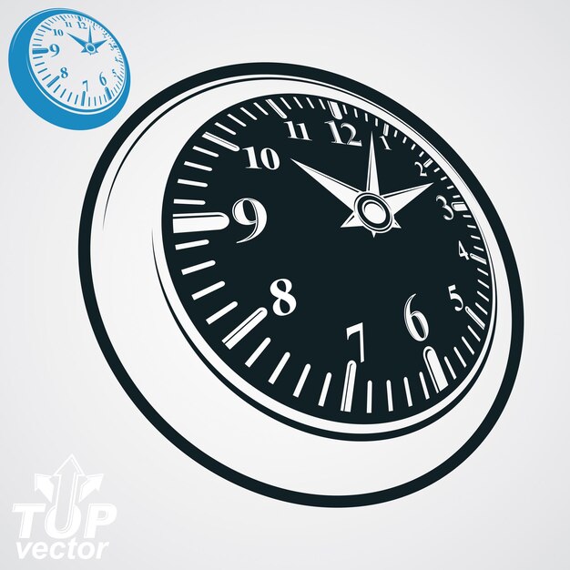 Reloj de pared redondo vectorial 3d con esfera negra, versión sencilla incluida. Símbolo clásico conceptual de idea de tiempo. Ticker dimensional gráfico elegante.