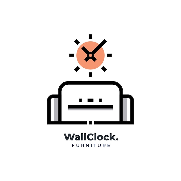 Reloj de pared y sofá silla muebles logo línea icono diseño plantilla vector ilustración