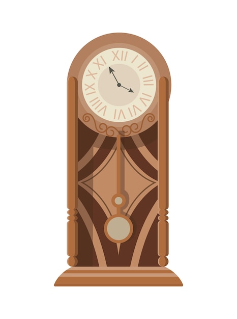 Vector reloj de péndulo tradicional de pie o de mesa con decoración de madera tallada.