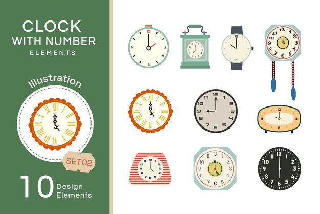 Reloj plano vectorial con el número set2