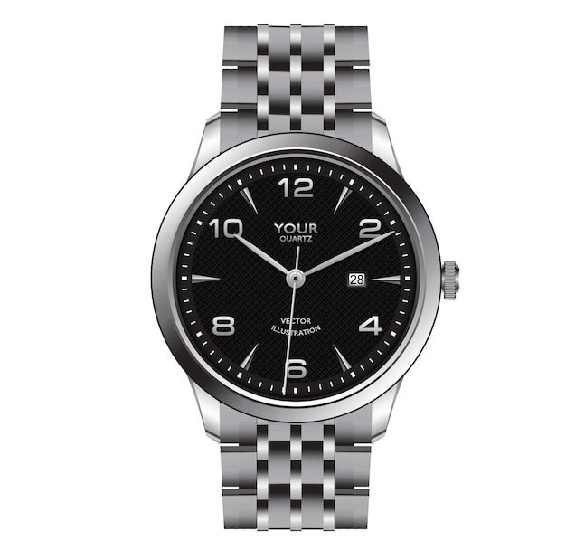 Reloj de plata realista con diseño de cara gris oscuro para la moda masculina sobre fondo blanco.