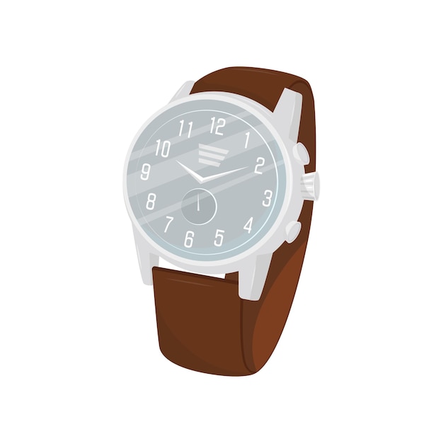 Reloj de pulsera clásico con correa de cuero marrón, esfera de metal gris y cronómetro. Accesorio masculino elegante. Vector plano para volante publicitario o póster.