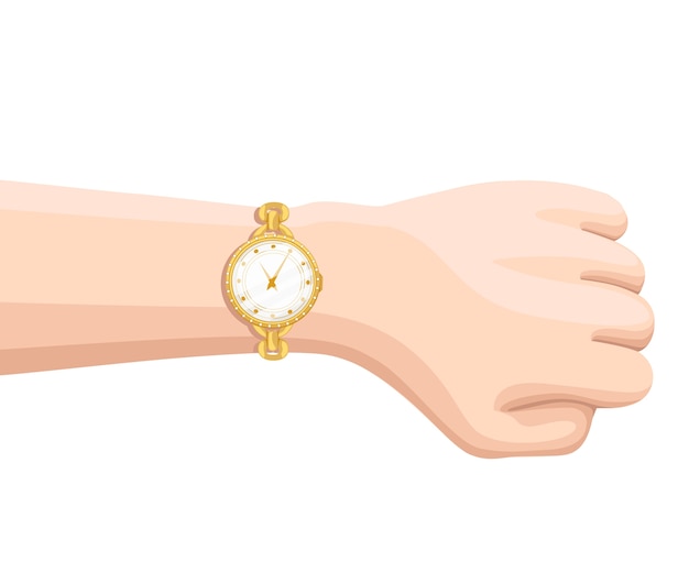 Vector reloj de pulsera dorado con correa dorada en la mano. tiempo en reloj de pulsera. ilustración