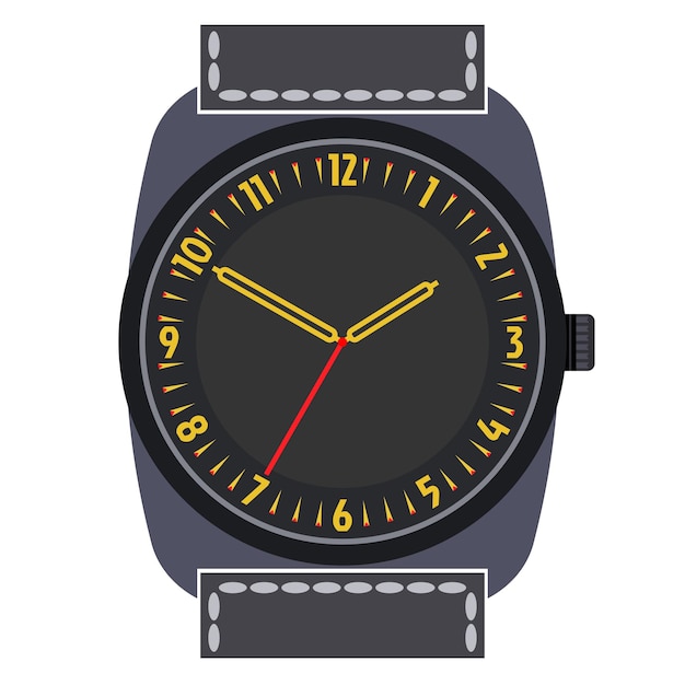 Reloj de pulsera mecánico de diseño clásico aislado sobre fondo blanco. Esfera de reloj con manecillas de hora, minutos y segundos. Ilustración vectorial.