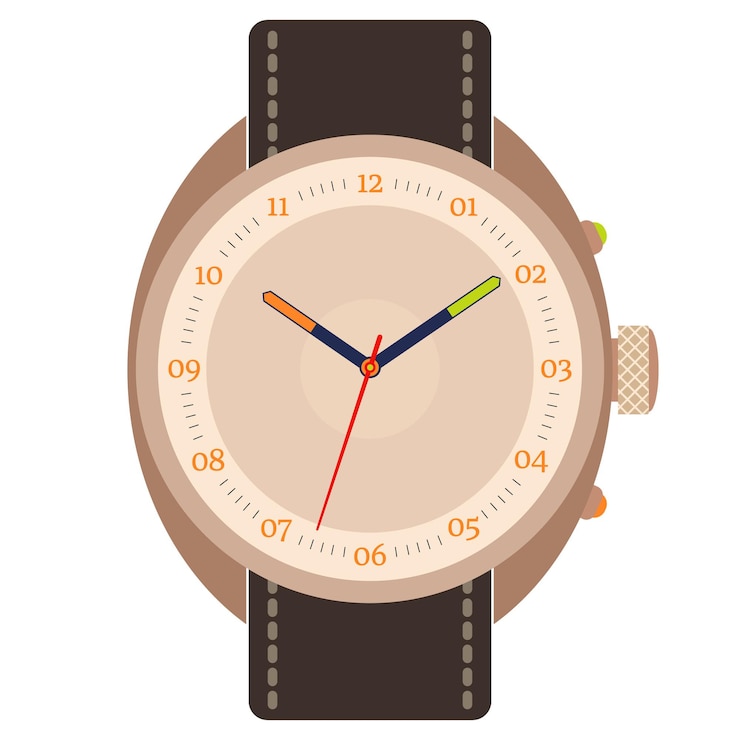 Vector reloj de pulsera mecánico de diseño clásico aislado sobre fondo blanco. esfera de reloj con manecillas de hora, minutos y segundos. ilustración vectorial.