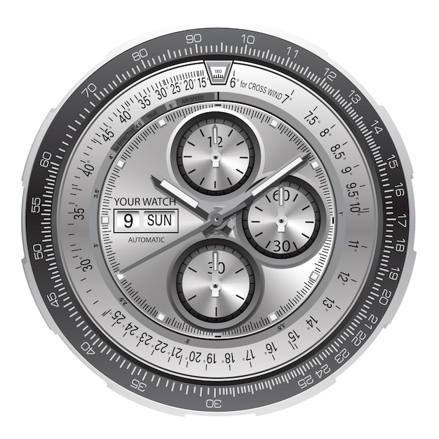 Reloj realista cronógrafo cara de plata tablero de instrumentos negro gris blanco diseño clásico de lujo