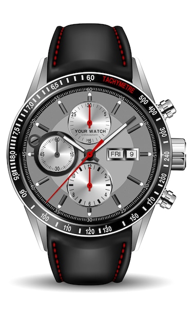 Reloj realista reloj cronógrafo plata negro correa de cuero rojo para hombres de lujo en vector aislado