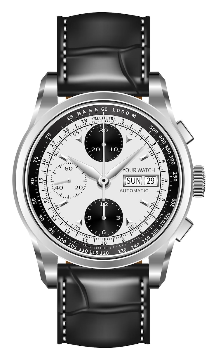 Vector reloj realista reloj plata cara negra flecha blanca número correa de cuero gris diseño lujo vector