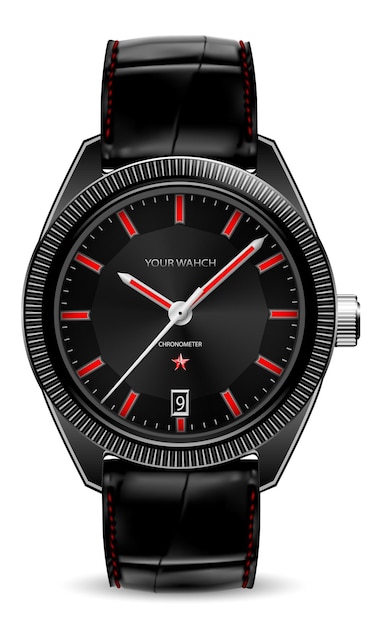 Reloj realista reloj rojo plata cara negra correa de cuero en diseño blanco clásico vector de lujo