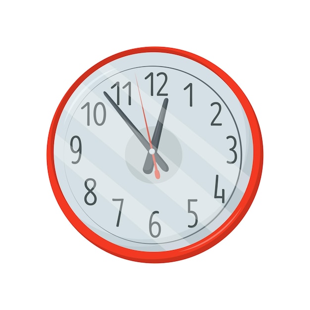 Reloj redondo rojo clásico con esfera blanca grandes números negros y flechas Elemento de decoración de pared Diseño vectorial plano para sitio web o aplicación móvil