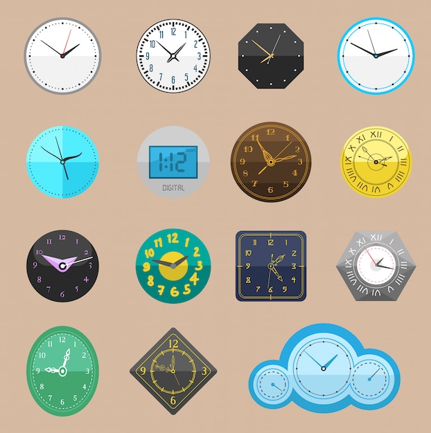 Reloj reloj diferente reloj y esfera del reloj o relojes de pulsera cronometrados a tiempo con flechas de hora o minuto ilustración reloj temporizador de alarma conjunto aislado sobre fondo blanco