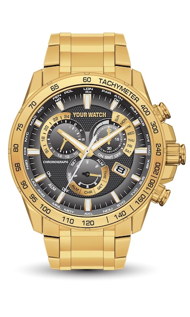 Reloj de reloj realista cronógrafo oro acero gris cara para hombres diseño de lujo en fondo blanco vector