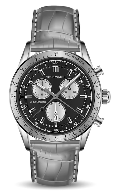 Reloj de reloj realista cronógrafo plata negro gris cuero flecha blanco negro número vector de lujo