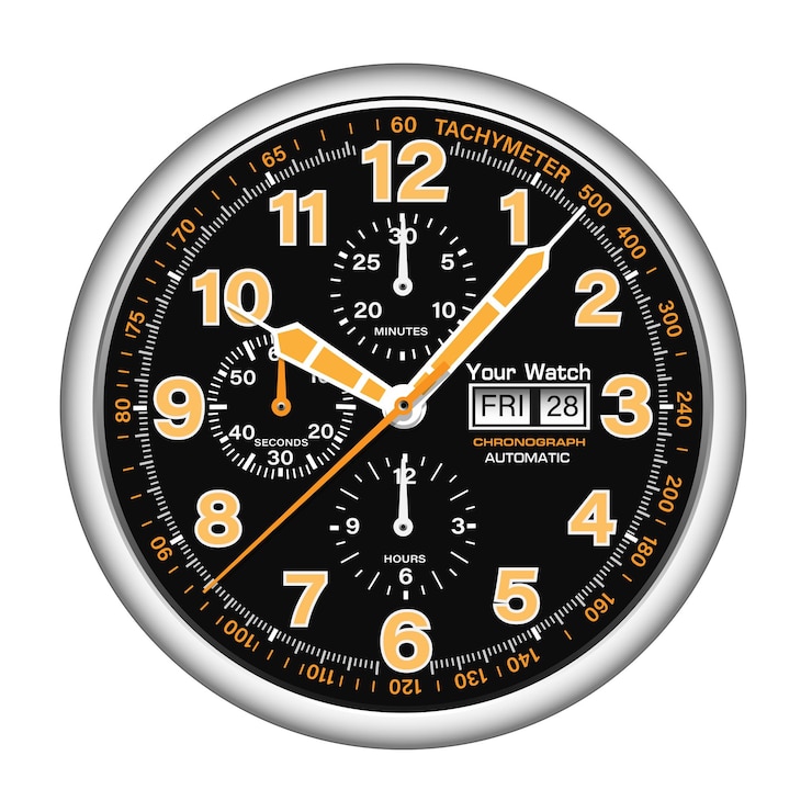 Vector reloj de reloj realista cronógrafo plata negro tablero amarillo flecha blanca número vector de lujo