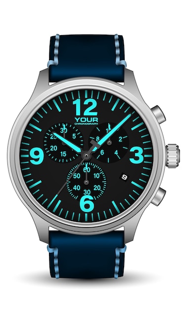 Reloj de reloj realista plata gris oscuro de acero cara azul número de flecha correa de cuero vector de lujo