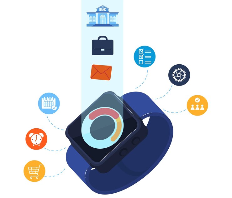 Vector reloj reloj tecnología inteligente diseño de elemento de arreglo móvil de pantalla portátil moderno en estilo plano