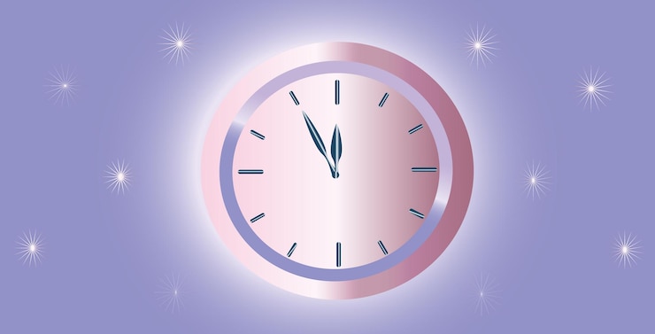 Vector reloj sobre un fondo de colores de gradiente azul púrpura y rosa vacaciones ilustración vectorial