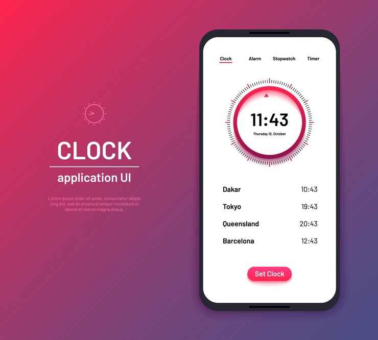 Vector reloj ui. kit de interfaz de cuenta regresiva de tiempo. ilustración de diseño de vector de aplicación de teléfono de pantalla de reloj moderno,