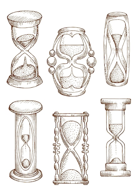 Los relojes de arena y los vasos de arena dibujan iconos de relojes de arena antiguos en soportes de madera tallada y temporizadores de arena modernos con cubiertas de plástico. Gafas de sol esbozadas por tiempo, tema de fecha límite o diseño retro