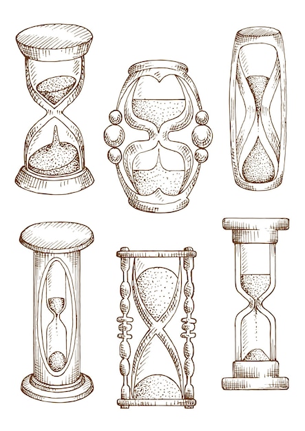 Vector los relojes de arena y los vasos de arena dibujan iconos de relojes de arena antiguos en soportes de madera tallada y temporizadores de arena modernos con cubiertas de plástico. gafas de sol esbozadas por tiempo, tema de fecha límite o diseño retro