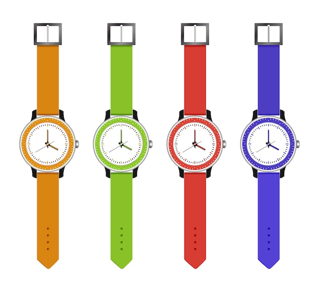 Vector los relojes deportivos y de moda establecen horas de diferentes colores con un dial electrónico ilustración vectorial