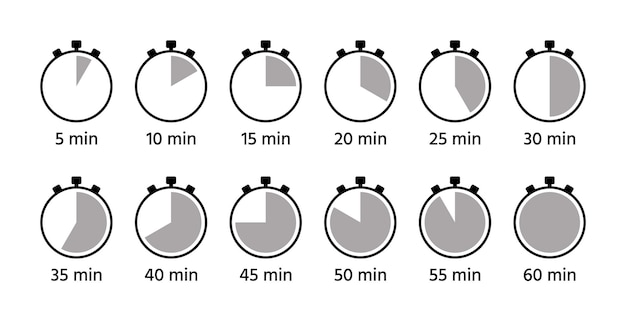 Relojes con diferentes minutos de 5 a 60 símbolos de cronómetros en forma de círculo