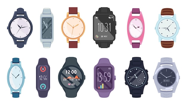 Relojes de mano Accesorios de moda para gente de negocios Pulseras de lujo Relojes inteligentes Símbolos de tiempo de vector exacto Ilustración de la colección de tiempo de muñeca de reloj de mano