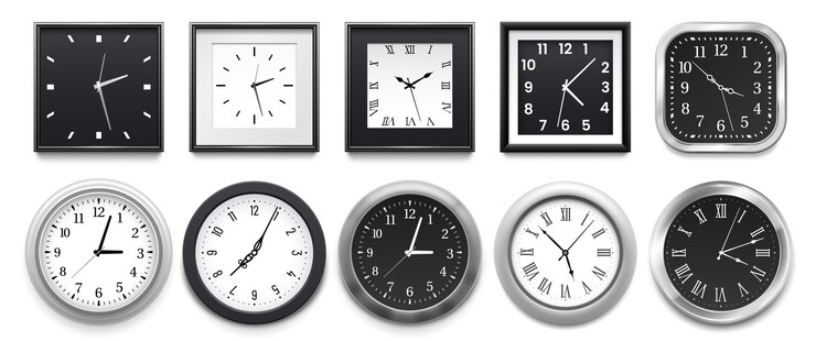 Vector relojes de pared redondos blancos modernos, esfera de reloj negra y maqueta de reloj de tiempo.
