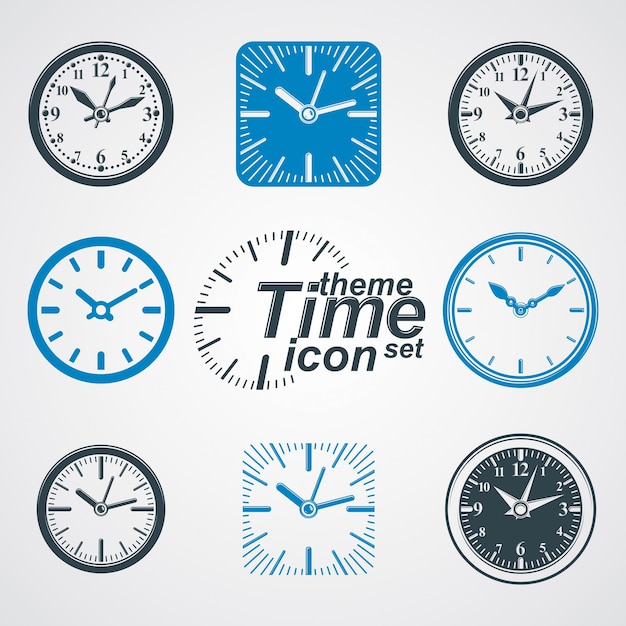Relojes de pared vectoriales simples con estilizados en el sentido de las agujas del reloj. Colección de símbolos gráficos clásicos de idea de tiempo de negocios. Símbolos elegantes conceptuales de gestión del tiempo. Elementos de diseño web.