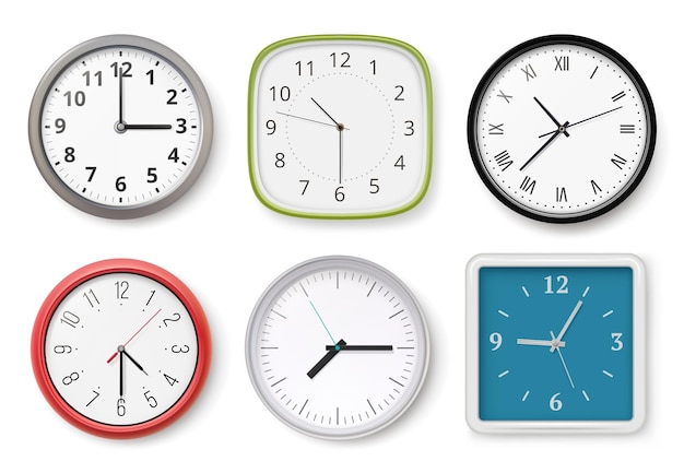 Vector relojes realistas. relojes de pared modernos, cronómetro de negocios, marcar flechas, plantillas claras y oscuras. oficina de reloj de colección, ilustración realista de reloj de tiempo