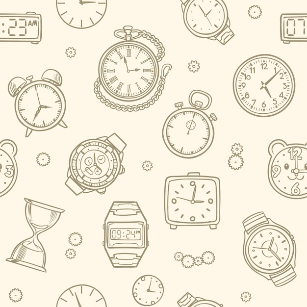 Relojes y relojes dibujados a mano vintage. Patrón transparente de vector de tiempo. Ilustración del dibujo del reloj, patrón de tiempo sin fisuras