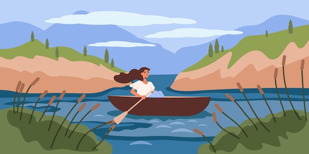 Vector remo como forma de afiche plano de recreación con una joven que viaja en bote por ilustración vectorial de placer