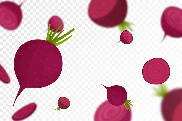 Vector remolacha que cae aislada sobre fondo transparente remolacha voladora entera y en rodajas vegetal con efecto borroso se puede utilizar para papel tapiz, pancarta, afiche, impresión vector diseño plano