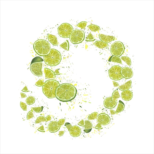 Remolino de rebanadas de lima en espiral circular Frutas cítricas maduras en salpicaduras de jugo Remolino verde amarillo