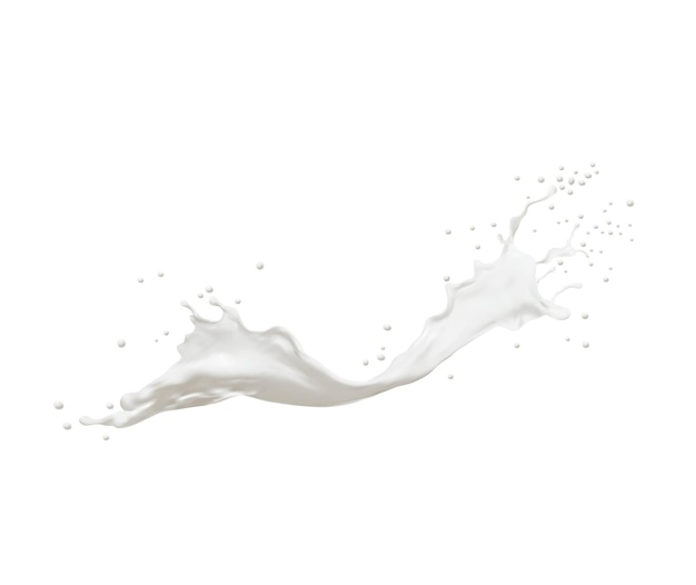 Remolino de salpicaduras de leche blanca con salpicaduras y gotas, yogur líquido de vector o onda de bebida de crema. Salpicaduras de leche de productos lácteos, flujo lechoso realista en 3D de vertido cremoso aislado en blanco