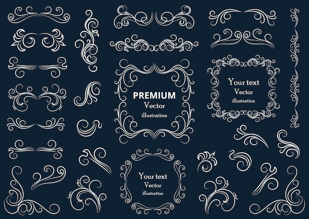 Remolinos decorativos o pergaminos marcos vintage florece etiquetas y divisores Ilustración de vector retro