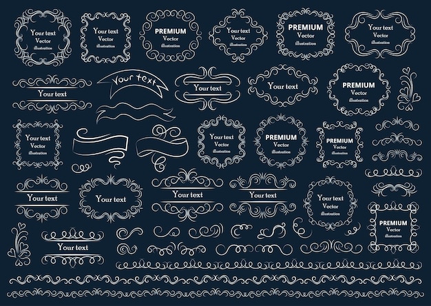Remolinos decorativos o pergaminos marcos vintage florece etiquetas y divisores Ilustración de vector retro
