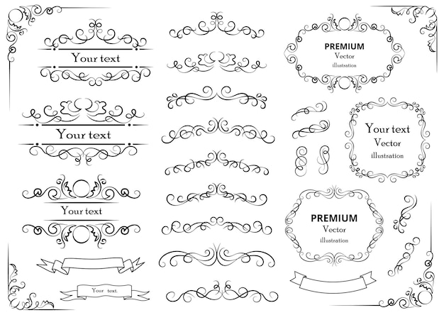 Remolinos decorativos o pergaminos marcos vintage florece etiquetas y divisores Ilustración de vector retro